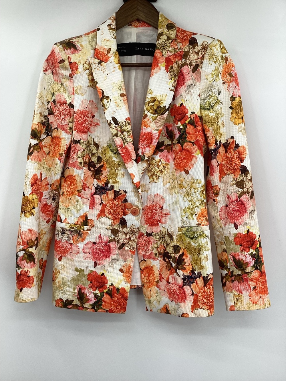 Zara White Floral Blazer with Pink & Orange Blooms